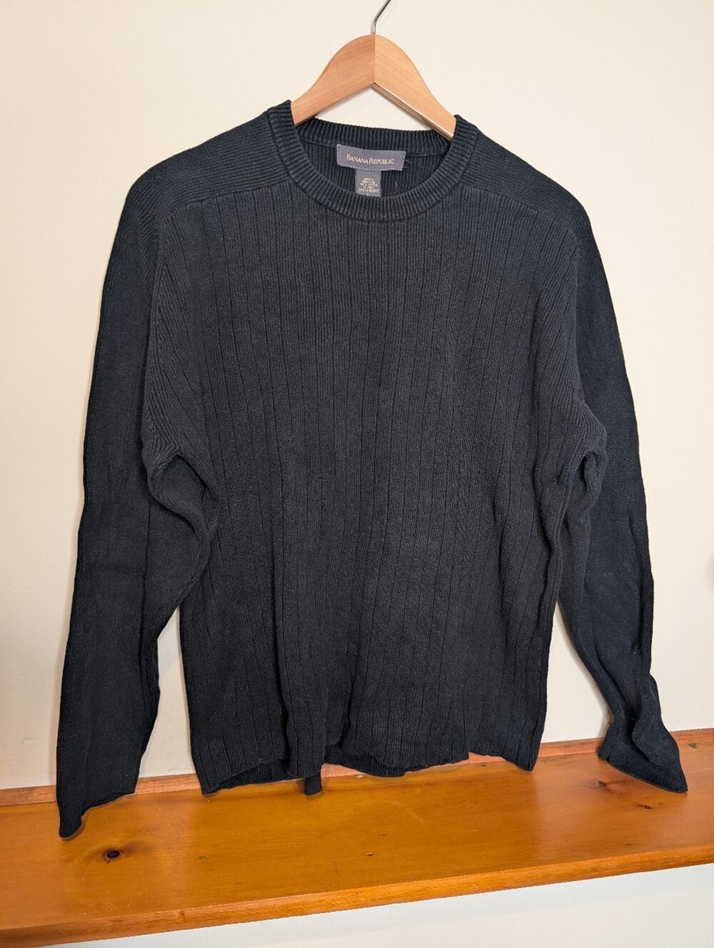 Banana Republic L Black 100% Cotton Ribbed Crewneck Sweater Long Sleeve